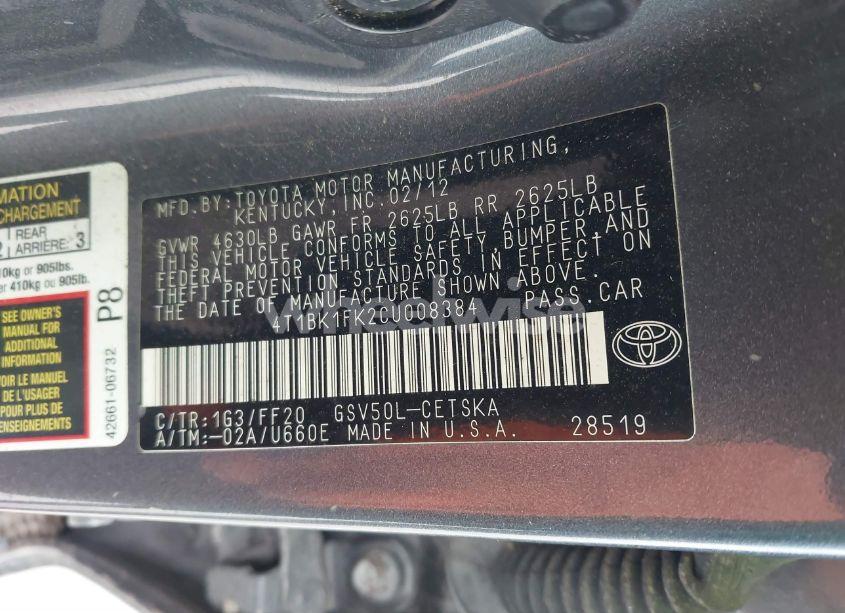 Photo 9 of 2012 Toyota Camry SE V6 (VIN 4T1BK1FK2CU008384)