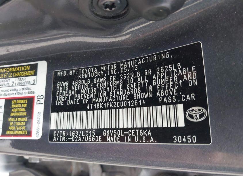 Photo 9 of 2012 Toyota Camry SE V6 (VIN 4T1BK1FK2CU012614)