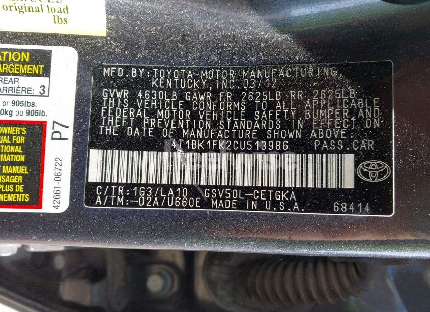 Photo 9 of 2012 Toyota Camry XLE V6 (VIN 4T1BK1FK2CU513986)