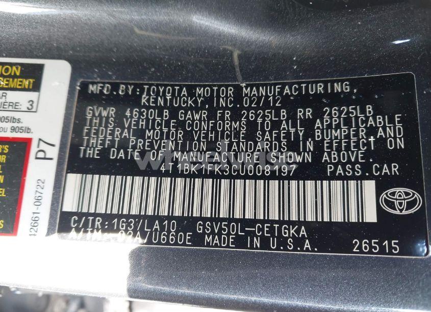 Photo 9 of 2012 Toyota Camry XLE V6 (VIN 4T1BK1FK3CU008197)