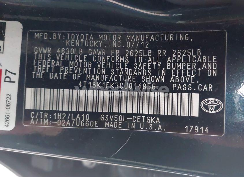Photo 9 of 2012 Toyota Camry XLE V6 (VIN 4T1BK1FK3CU014856)