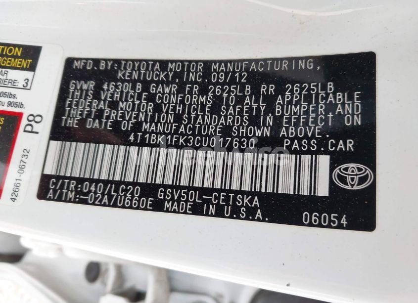 Photo 9 of 2012 Toyota Camry SE V6 (VIN 4T1BK1FK3CU017630)