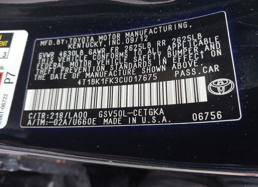 Photo 9 of 2012 Toyota Camry XLE V6 (VIN 4T1BK1FK3CU017675)