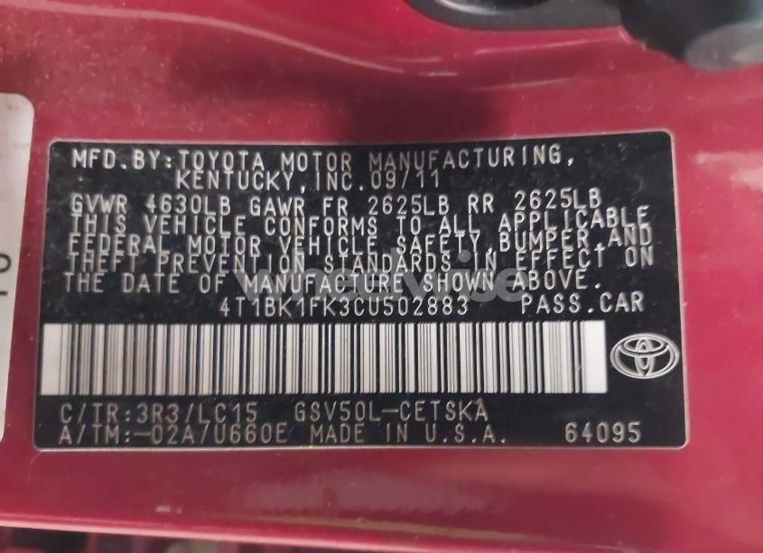 Photo 9 of 2012 Toyota Camry SE (VIN 4T1BK1FK3CU502883)