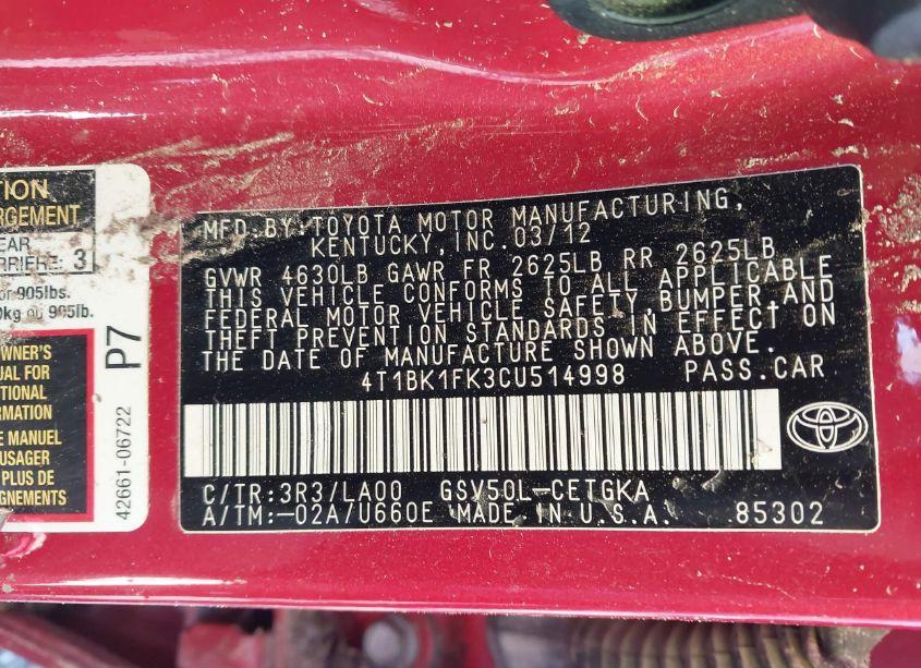 Photo 9 of 2012 Toyota Camry XLE V6 (VIN 4T1BK1FK3CU514998)