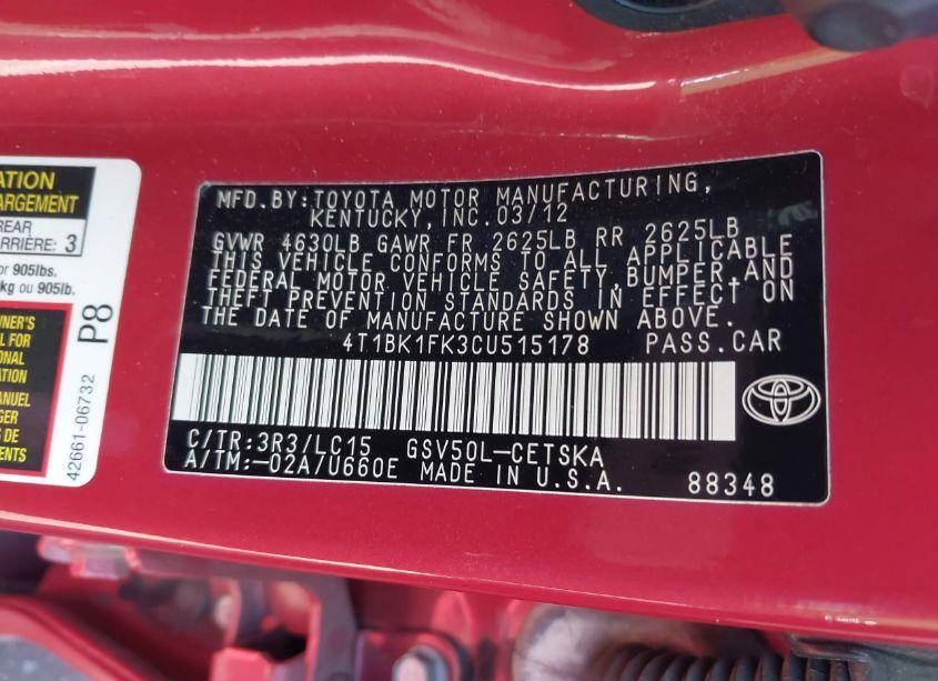 Photo 9 of 2012 Toyota Camry SE V6 (VIN 4T1BK1FK3CU515178)