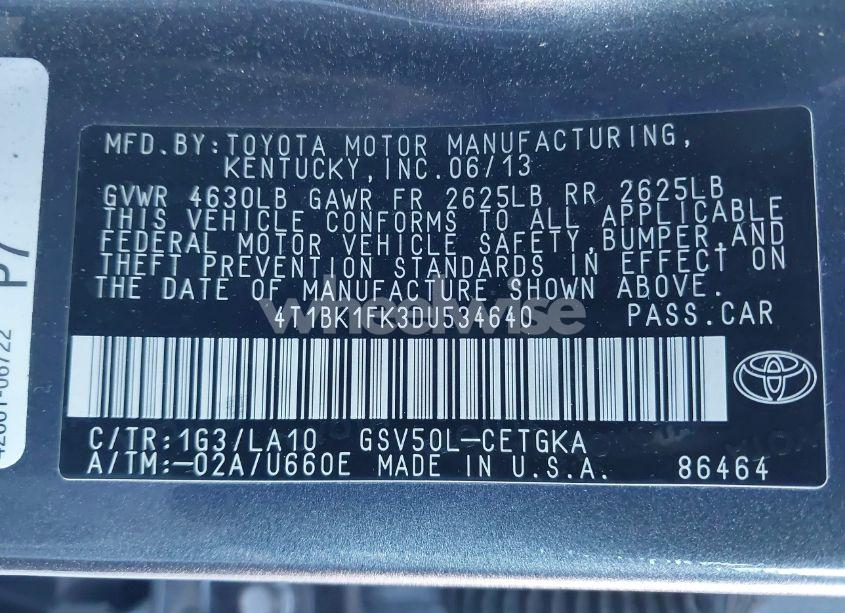 Photo 9 of 2013 Toyota Camry XLE V6 (VIN 4T1BK1FK3DU534640)