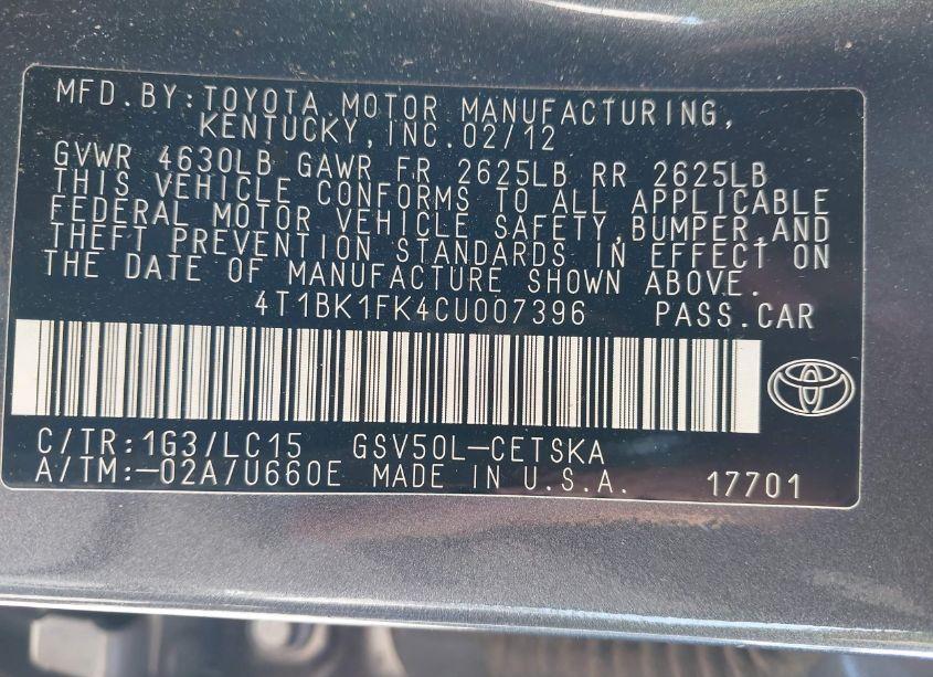 Photo 9 of 2012 Toyota Camry SE V6 (VIN 4T1BK1FK4CU007396)