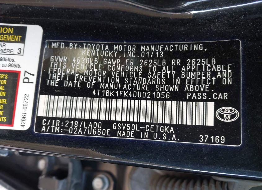 Photo 9 of 2013 Toyota Camry XLE V6 (VIN 4T1BK1FK4DU021056)