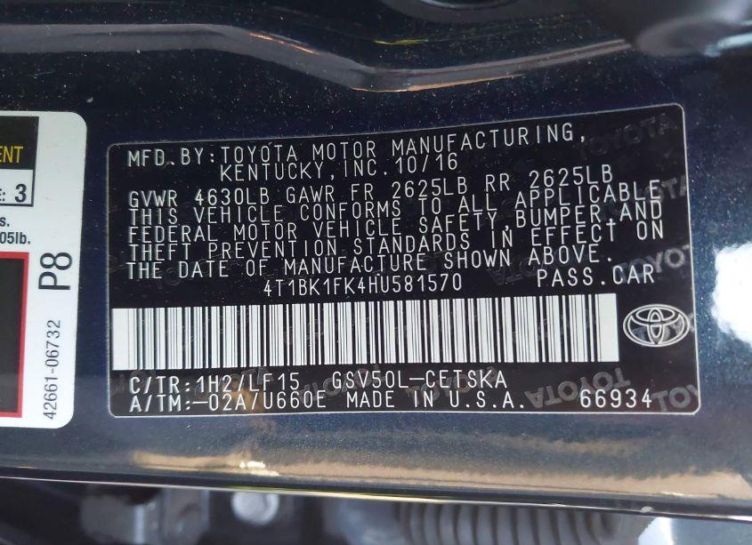 Photo 9 of 2017 Toyota Camry XSE V6 (VIN 4T1BK1FK4HU581570)