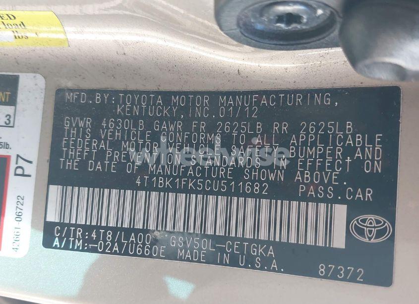 Photo 9 of 2012 Toyota Camry XLE V6 (VIN 4T1BK1FK5CU511682)