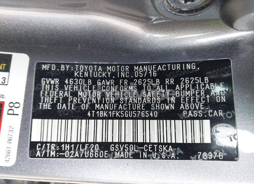 Photo 9 of 2016 Toyota Camry XSE V6 (VIN 4T1BK1FK5GU576540)