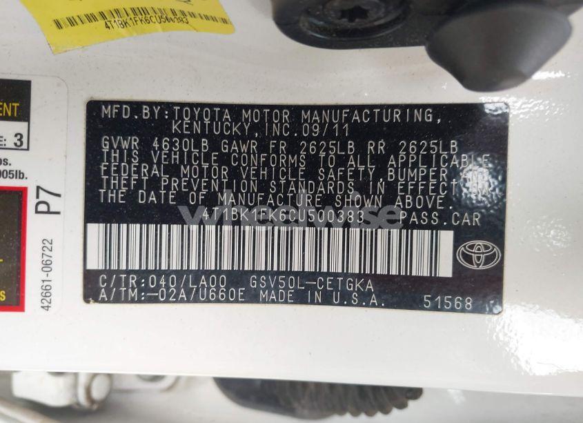 Photo 9 of 2012 Toyota Camry XLE V6 (VIN 4T1BK1FK6CU500383)