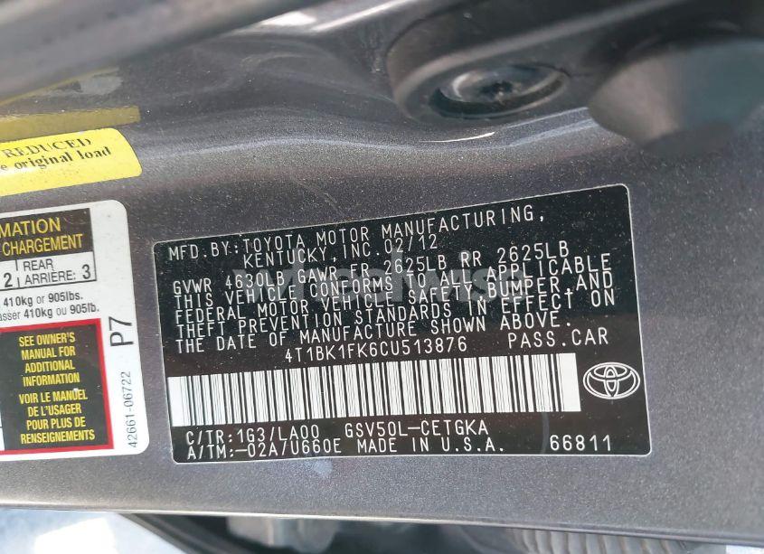 Photo 9 of 2012 Toyota Camry XLE V6 (VIN 4T1BK1FK6CU513876)