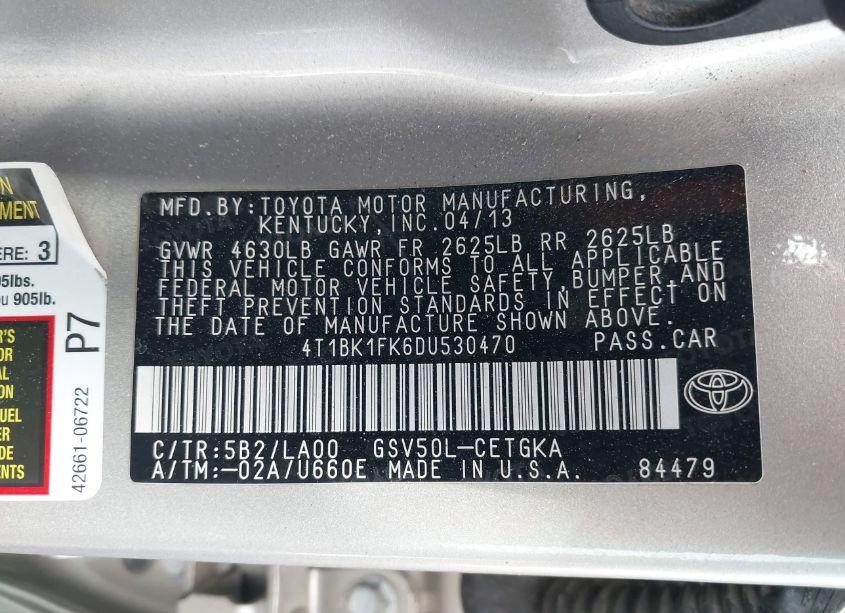 Photo 9 of 2013 Toyota Camry XLE V6 (VIN 4T1BK1FK6DU530470)