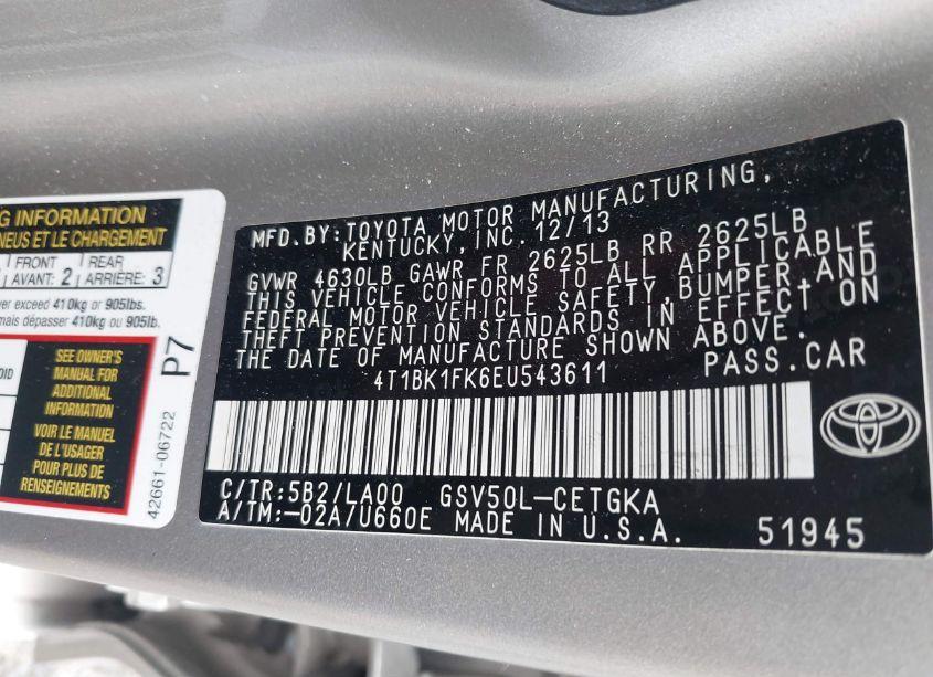 Photo 9 of 2014 Toyota Camry XLE V6 (VIN 4T1BK1FK6EU543611)