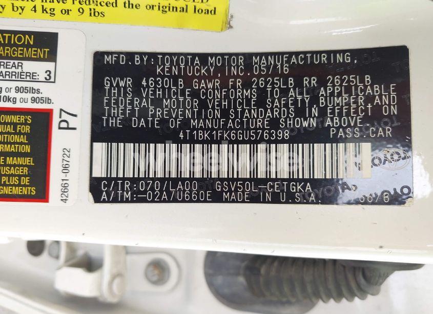 Photo 9 of 2016 Toyota Camry XLE V6 (VIN 4T1BK1FK6GU576398)