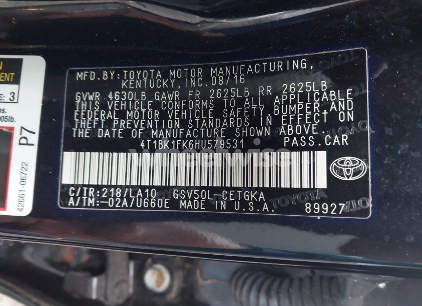 Photo 9 of 2017 Toyota Camry XLE V6 (VIN 4T1BK1FK6HU579531)