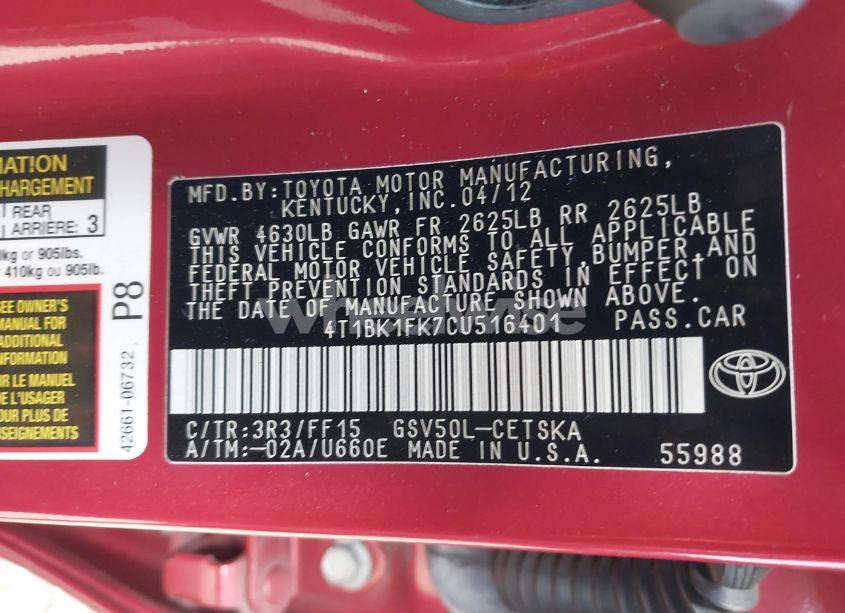 Photo 9 of 2012 Toyota Camry SE V6 (VIN 4T1BK1FK7CU516401)