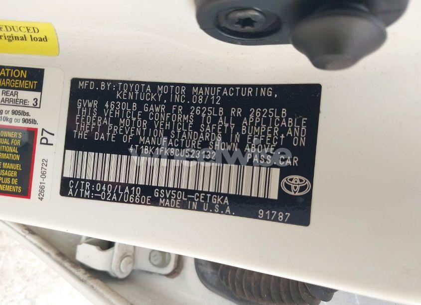 Photo 9 of 2012 Toyota Camry XLE V6 (VIN 4T1BK1FK8CU523132)