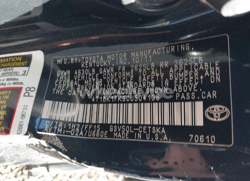 Photo 9 of 2012 Toyota Camry SE V6 (VIN 4T1BK1FK9CU504136)