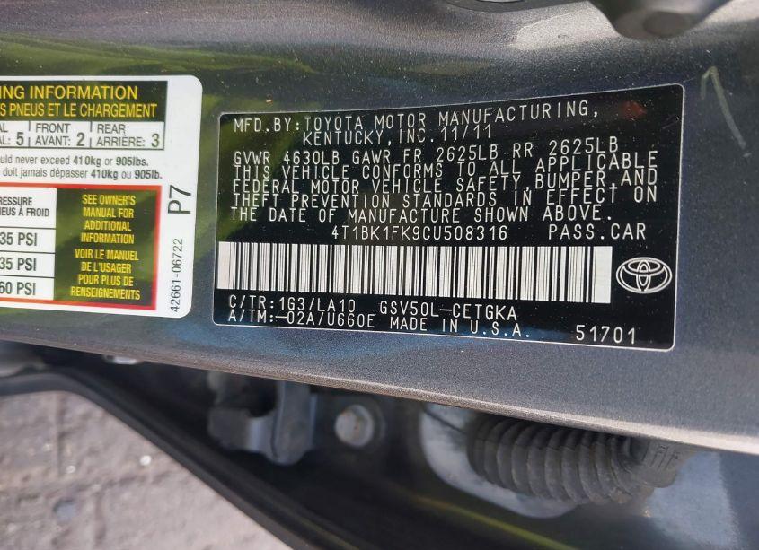 Photo 9 of 2012 Toyota Camry XLE V6 (VIN 4T1BK1FK9CU508316)