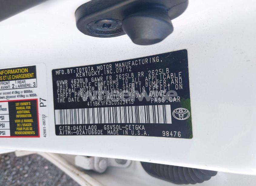 Photo 8 of 2012 Toyota Camry XLE V6 (VIN 4T1BK1FK9CU523415)