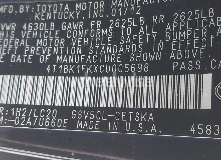 Photo 9 of 2012 Toyota Camry SE V6 (VIN 4T1BK1FKXCU005698)