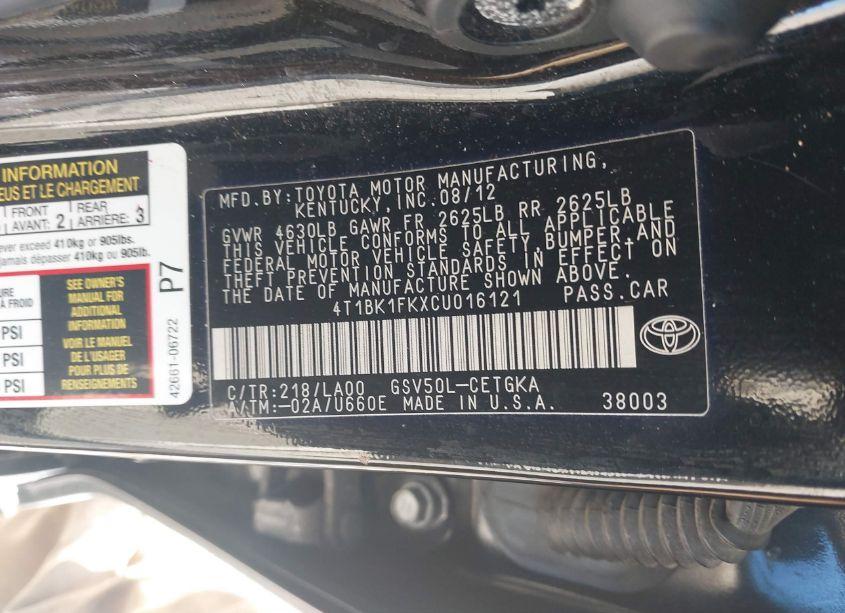 Photo 9 of 2012 Toyota Camry XLE V6 (VIN 4T1BK1FKXCU016121)