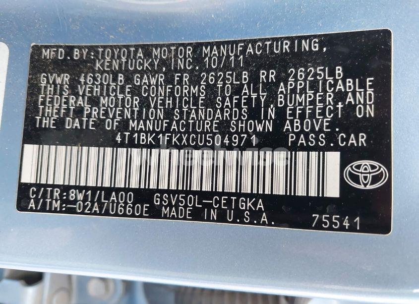 Photo 9 of 2012 Toyota Camry XLE V6 (VIN 4T1BK1FKXCU504971)