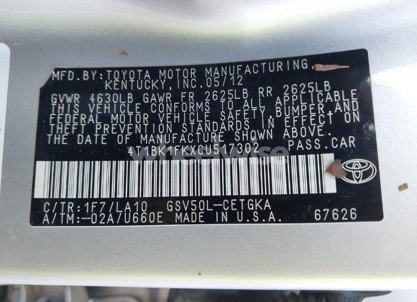 Photo 9 of 2012 Toyota Camry XLE V6 (VIN 4T1BK1FKXCU517302)