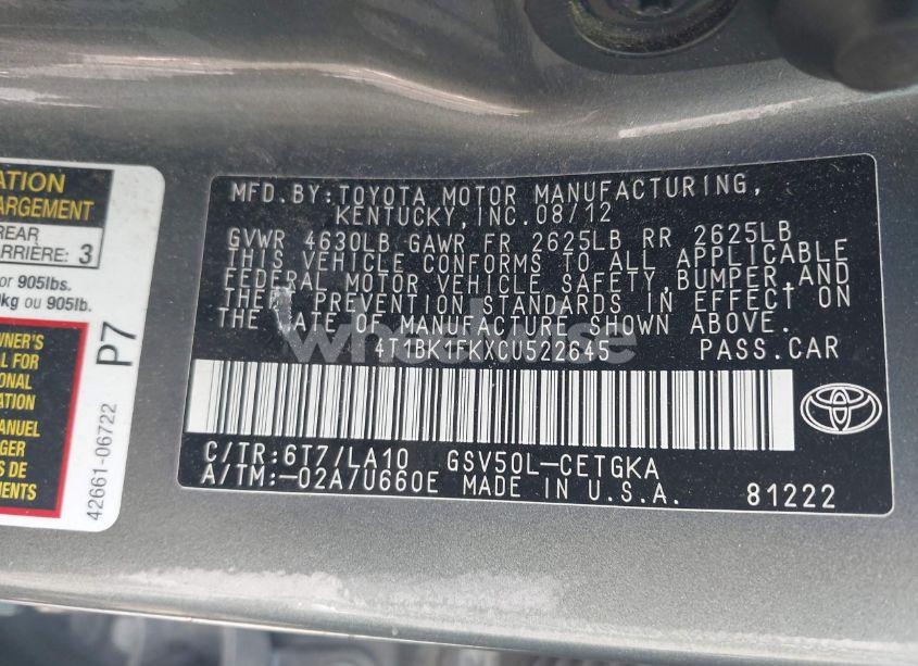 Photo 9 of 2012 Toyota Camry XLE V6 (VIN 4T1BK1FKXCU522645)