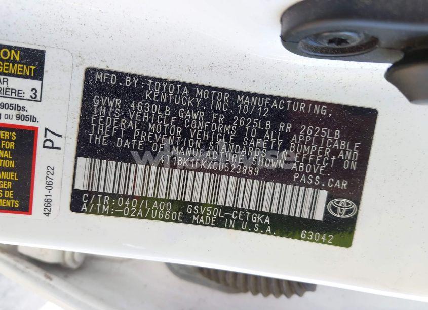 Photo 9 of 2012 Toyota Camry XLE V6 (VIN 4T1BK1FKXCU523889)