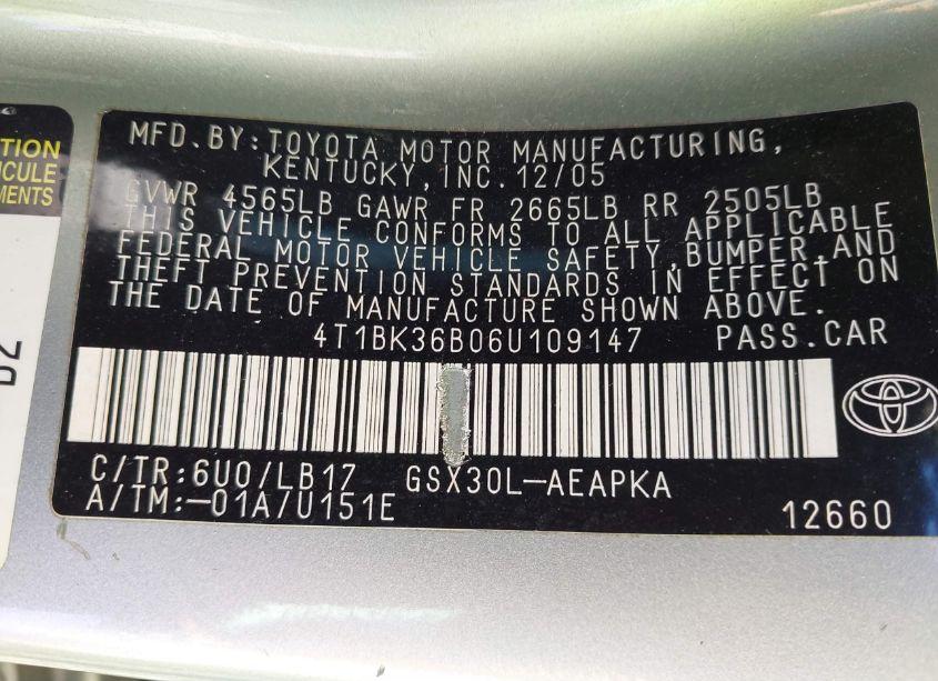 Photo 9 of 2006 Toyota Avalon LIMITED (VIN 4T1BK36B06U109147)