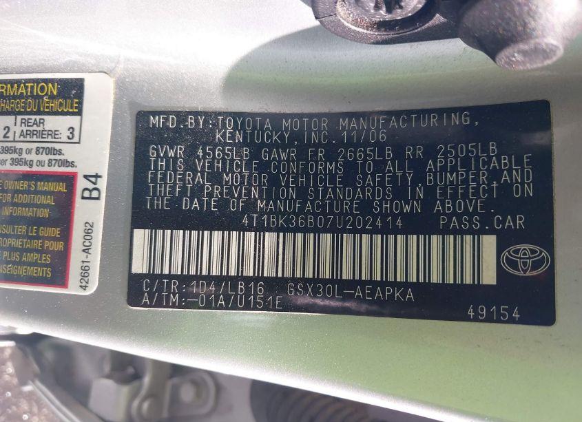 Photo 9 of 2007 Toyota Avalon LIMITED (VIN 4T1BK36B07U202414)