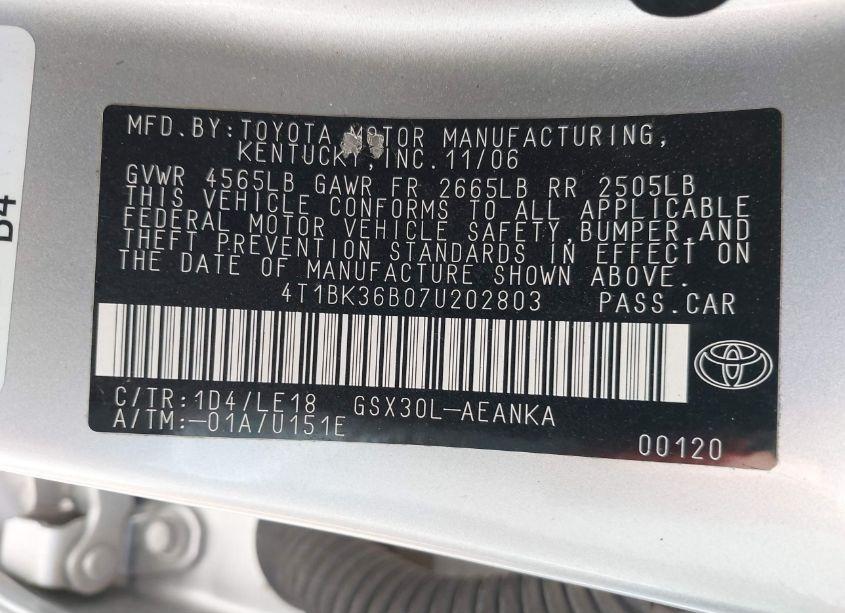 Photo 9 of 2007 Toyota Avalon TOURING (VIN 4T1BK36B07U202803)