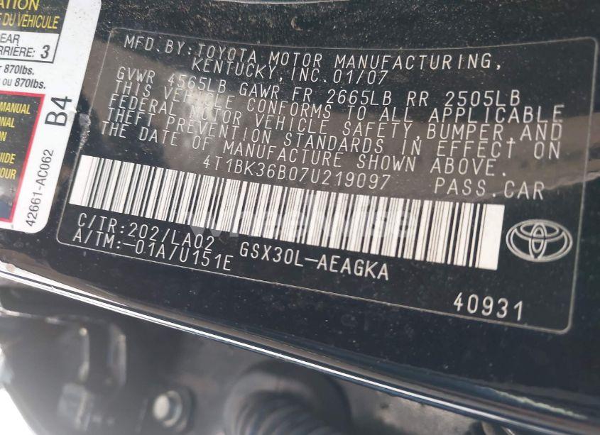 Photo 9 of 2007 Toyota Avalon XLS (VIN 4T1BK36B07U219097)