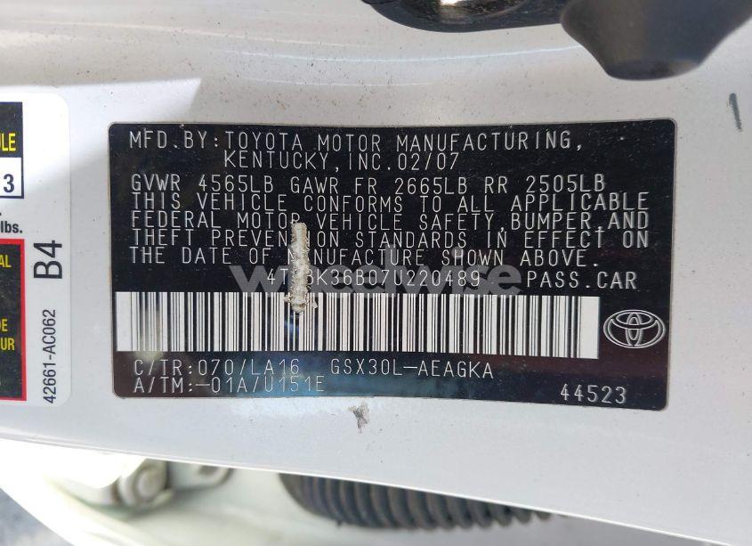 Photo 9 of 2007 Toyota Avalon LIMITED/TOURING/XL/XLS (VIN 4T1BK36B07U220489)