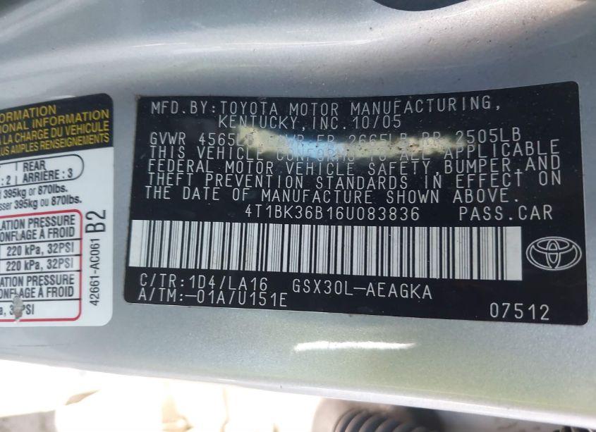 Photo 9 of 2006 Toyota Avalon XLS (VIN 4T1BK36B16U083836)