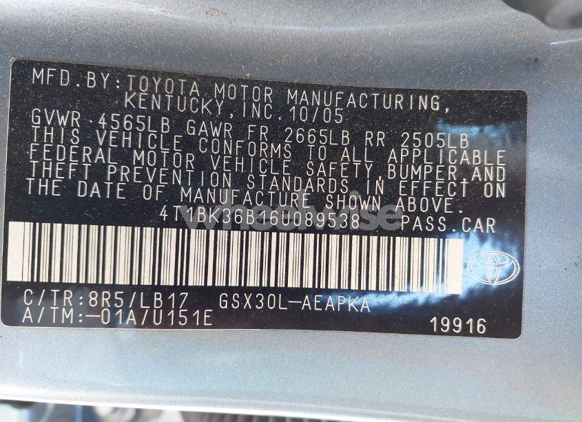 Photo 9 of 2006 Toyota Avalon XL/XLS/TOURING/LIMITED (VIN 4T1BK36B16U089538)