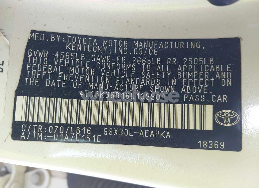 Photo 9 of 2006 Toyota Avalon LIMITED (VIN 4T1BK36B16U135501)