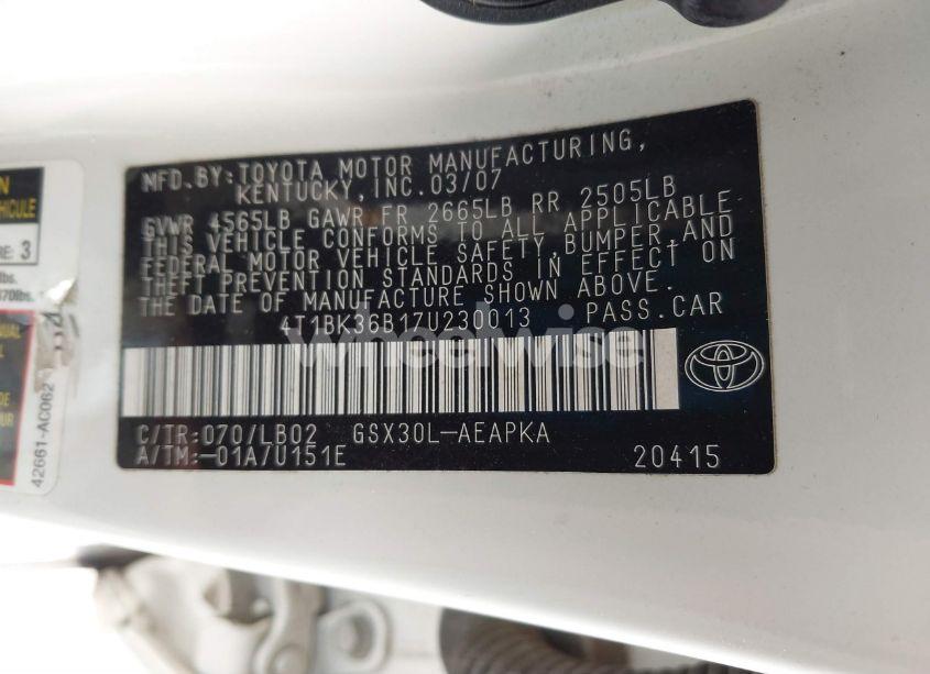 Photo 9 of 2007 Toyota Avalon LIMITED (VIN 4T1BK36B17U230013)