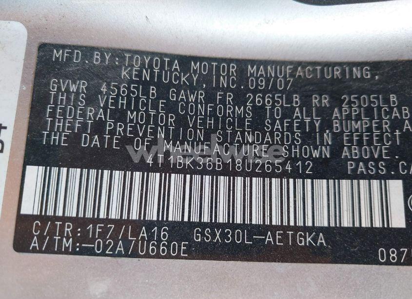 Photo 9 of 2008 Toyota Avalon XLS (VIN 4T1BK36B18U265412)