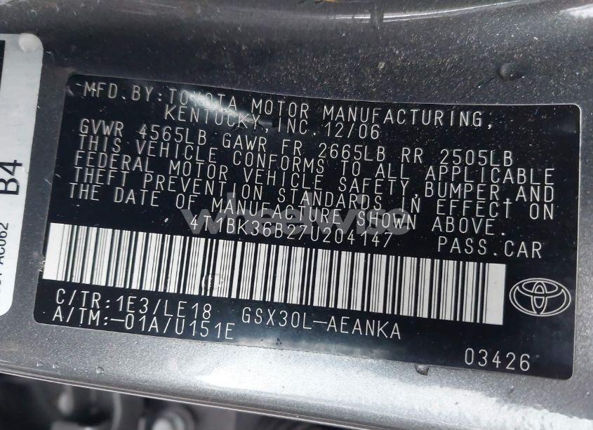 Photo 9 of 2007 Toyota Avalon TOURING (VIN 4T1BK36B27U204147)