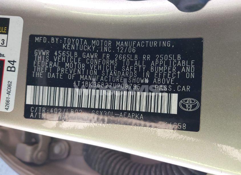 Photo 9 of 2007 Toyota Avalon LIMITED (VIN 4T1BK36B27U208795)