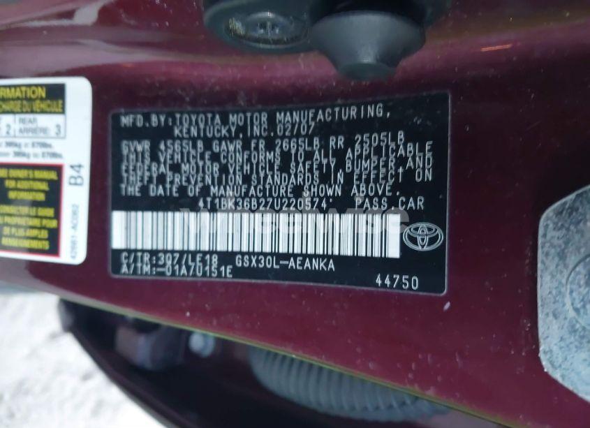 Photo 9 of 2007 Toyota Avalon TOURING (VIN 4T1BK36B27U220574)