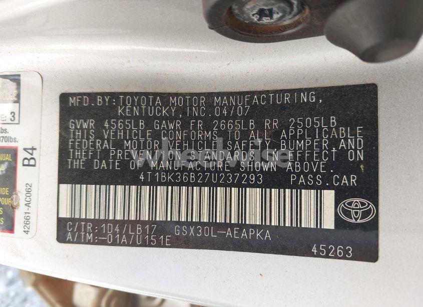 Photo 9 of 2007 Toyota Avalon LIMITED (VIN 4T1BK36B27U237293)