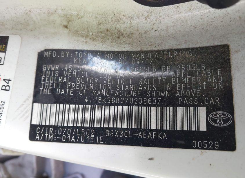 Photo 9 of 2007 Toyota Avalon LIMITED (VIN 4T1BK36B27U238637)