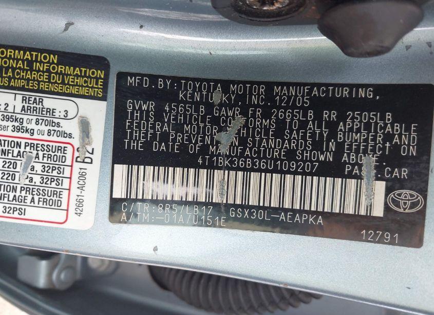 Photo 9 of 2006 Toyota Avalon XL/XLS/TOURING/LIMITED (VIN 4T1BK36B36U109207)