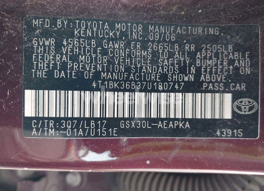 Photo 9 of 2007 Toyota Avalon LIMITED (VIN 4T1BK36B37U180747)